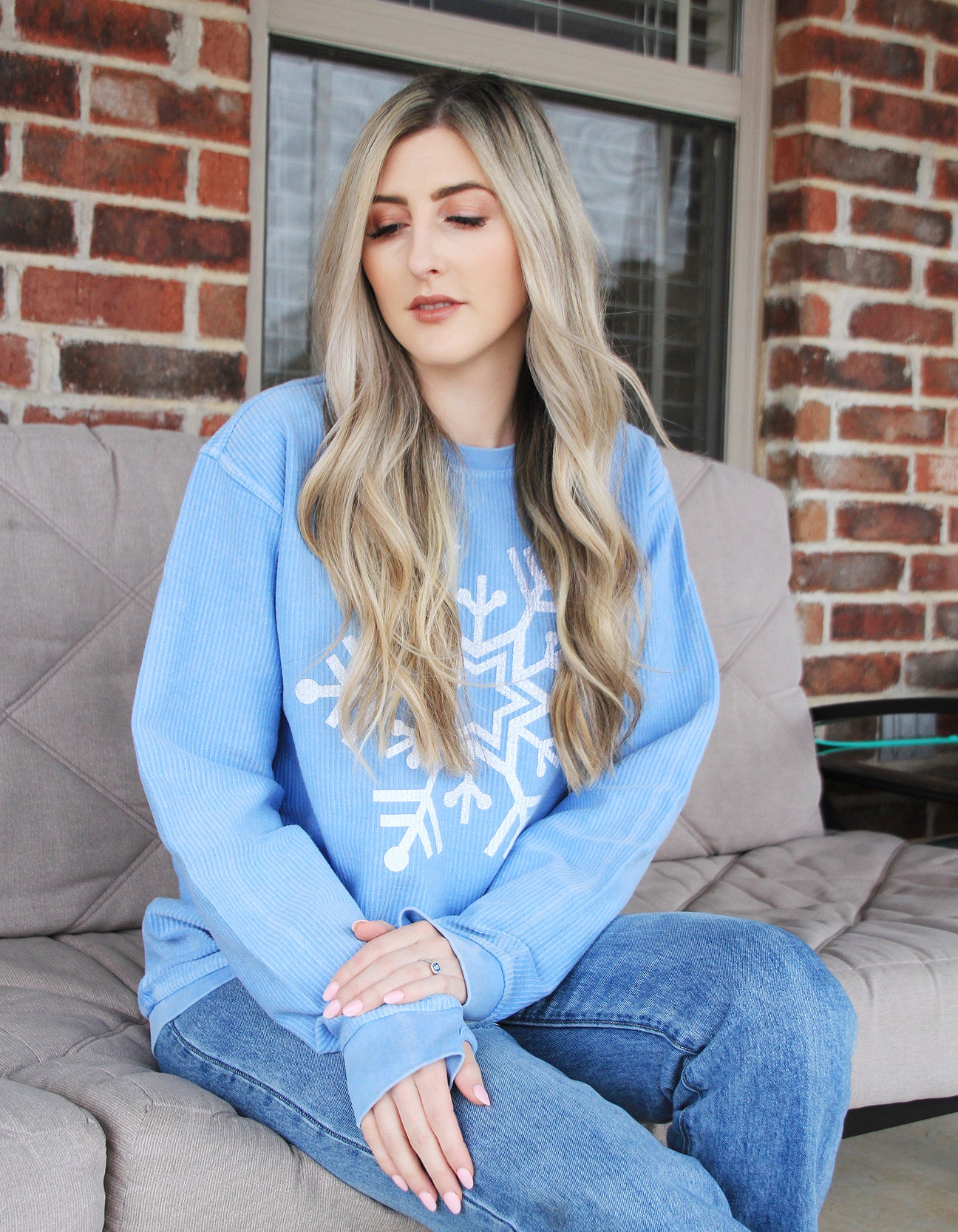 Snowflake Comfy Corded Pullover in Baby Blue